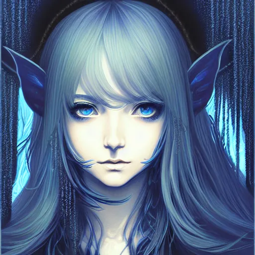 Image similar to highly detailed portrait of an elven fairy, in the rain, highly detailed, painting, dark blue and black color palette, intricate, high quality anime artstyle, in the style of ilya kuvshinov