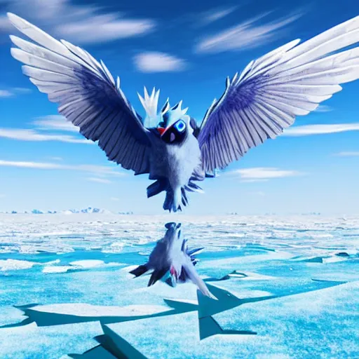 Prompt: Pokemon Articuno flying above a frozen lake. High quality.