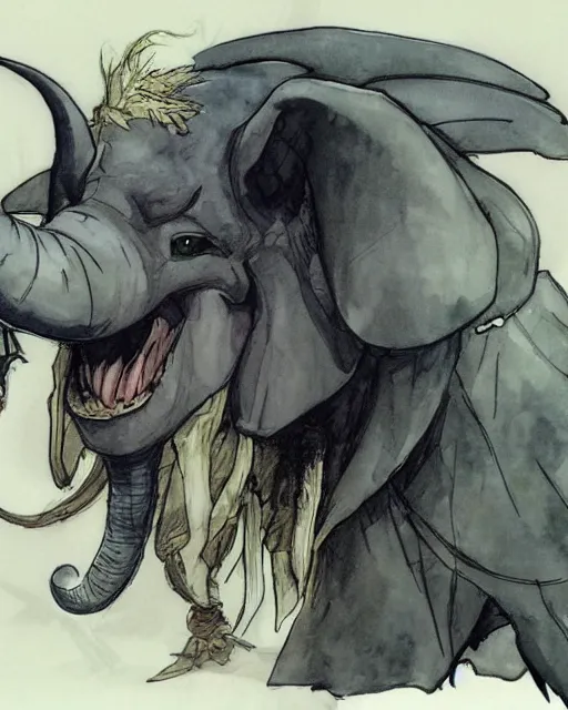 Image similar to Loxodon Druid, drawn by Yoji Shinkawa, water color, Dungeons and Dragons, Wizards of the Coast