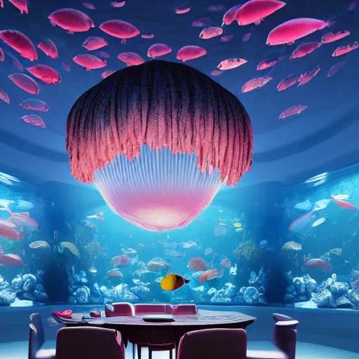 Image similar to photo of the modern fashionable room as aquarium with a chandelier as a big jellyfish, beautiful corals on the walls and dangerous sharks on the big panoramic window, realism, sharp details, cinematic, a lot of gleans, under the ocean, realistic colors, realistic shadows, daylight by beeple