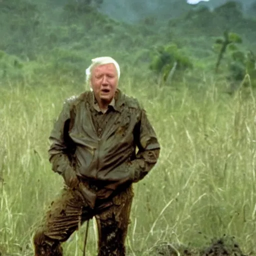 Image similar to cinematic still of sir david attenborough, covered in mud and watching a magnificent predator in the distance with a binocular in 1 9 8 7 movie predator hd, 4 k