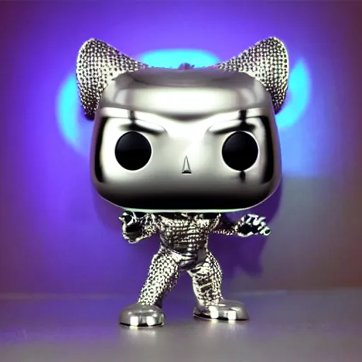 Image similar to metal chrome funko pop with neon lighting