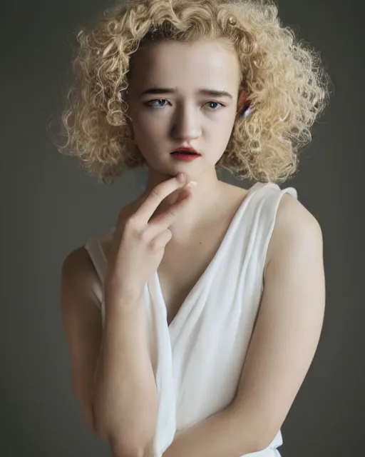 Image similar to photo of a model, face of julia garner, wearing a white dress, black hair, beauty, full body portrait, greg kutkowski, sharp details, soft lighting, subsurface scattering, pearls of sweat, glistening skin, warm lighting