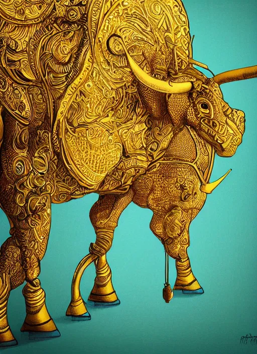 Image similar to golden paper + an intricate ox depiction + elaborate illustration, very detailed, deviantart, 8 k vertical wallpaper, tropical, colorful, airy, illustration, nature