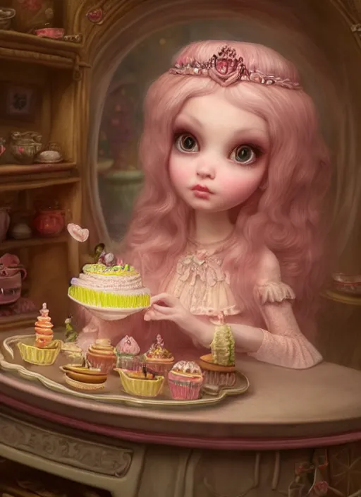 Image similar to highly detailed closeup portrait of a fairytale princess's cake kitchen, unreal engine, nicoletta ceccoli, mark ryden, earl norem, lostfish, global illumination, detailed and intricate environment