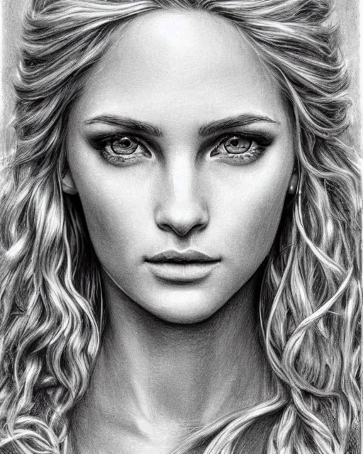 Image similar to pencil drawing of a beautiful greek goddess aphrodite with arrowhead earrings, beautiful piercing eyes, beautiful blonde hair, hyper realistic face, in the style of greg rutkowski, fantasy, amazing detail, epic, elegant, smooth, sharp focus, from the front