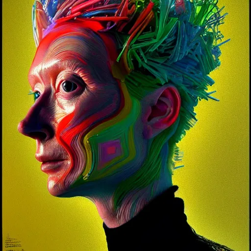 Prompt: a realistic octane render physically based rendering chrome neon tilda swinton, trending on artstation, by archan nair and marlene dumas, intricate details, gilded, in the style of frank auerbach, in the style of martin ansin, in the style of david aja, by kandinsky