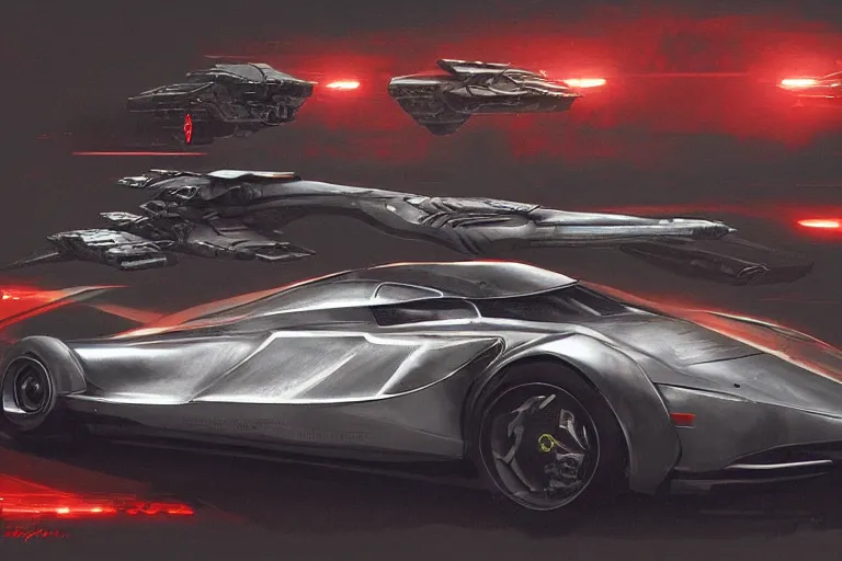 Image similar to a single armored scifi ferrari in the style of bladerunner and alternate car one, car concept, car Design, sid mead, alex ross, intricate Details, concept art, matte painting, highly detailed, rule of thirds, dynamic lighting, cinematic, detailed, denoised, centerd, clean render