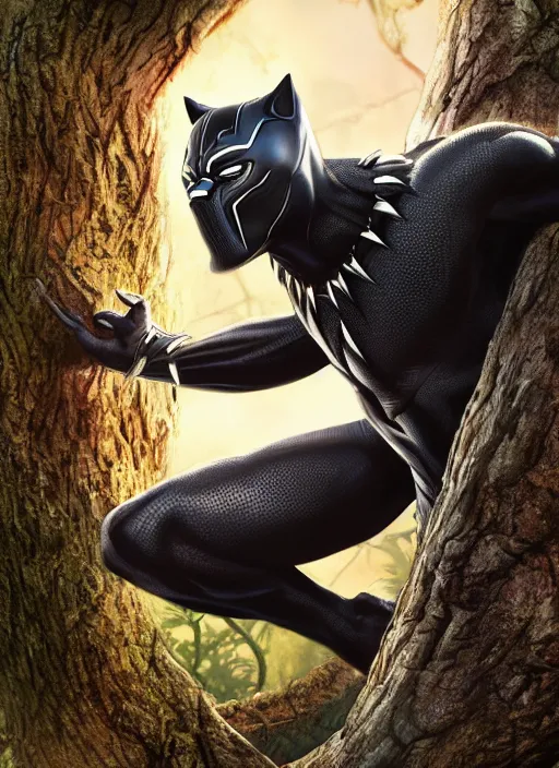 Prompt: close-up shot of Black Panther in a tree, looking directly at you, octane render, concept art, smooth, sharp focus, illustration, sigma, rule of thirds, from Marvel Studios, by Ryan Meinerding