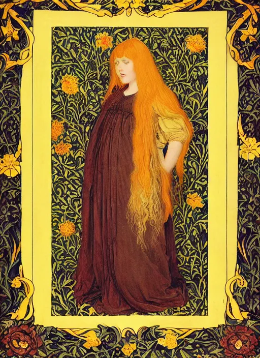 Prompt: seductive masterpiece of preraphaelite portrait photography, hipster hair fringe, yellow ochre ornate medieval dress, william morris and kilian eng and mucha, framed, 4 k