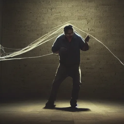 Prompt: a man pushed flat against a wall with limbs spread out covered with a large spider web, cinematic lighting, deep colors, epic scale