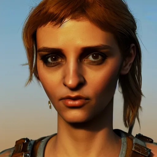 Image similar to beautiful young harpy, leather top, full round face, short smile, golden hour, post apocalyptic setting, medium shot, mid-shot, highly detailed, trending on Artstation, Unreal Engine 4k