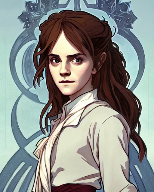 Image similar to Poster artwork, Emma Watson as Hermione Granger, medium shot, details, sharp focus, illustration, by Jordan Grimmer and Alphonse Mucha and greg rutkowski and PiNe(パイネ) and 薯子Imoko and 香川悠作 and maya takamura, intricate, beautiful, Trending artstation, pixiv, digital Art