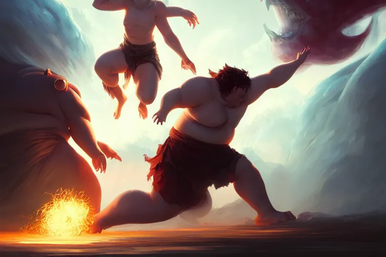 Prompt: a dynamic painting of a sorcerer fighting a gigantic white fat monster, obese monstrosity fight by charlie bowater, artgerm, ilya kuvshinov, krenz cushart, ruan jia, realism, ultra detailed, 8 k resolution