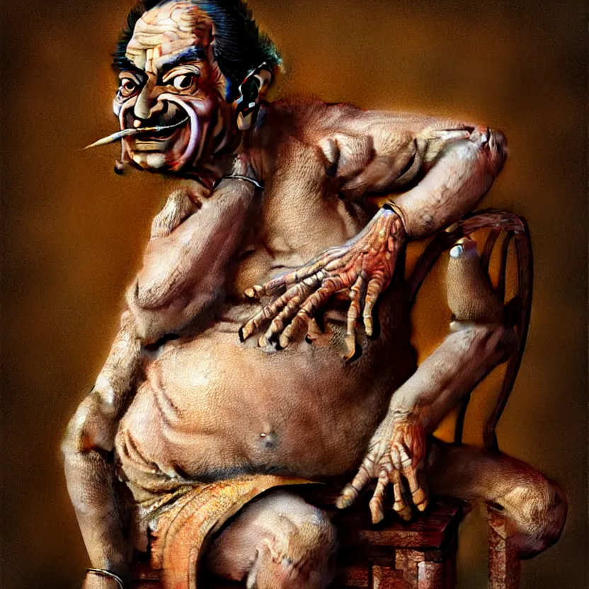 Prompt: portrait of a khatapa sitting on a chair, cute, hilarious, light - hearted, highly detailed, funny, hahahaha, by salvador dali, found on artstation, hyperrealistic digital art