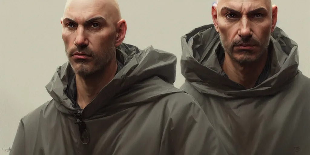 Image similar to european ( ( ( ( bald man ) ) ) ) dressed in raincoat, male, clear face, masculine, upper body, highly detailed, digital painting, artstation, concept art, matte, sharp focus, illustration, art by artgerm and greg rutkowski and alphonse mucha