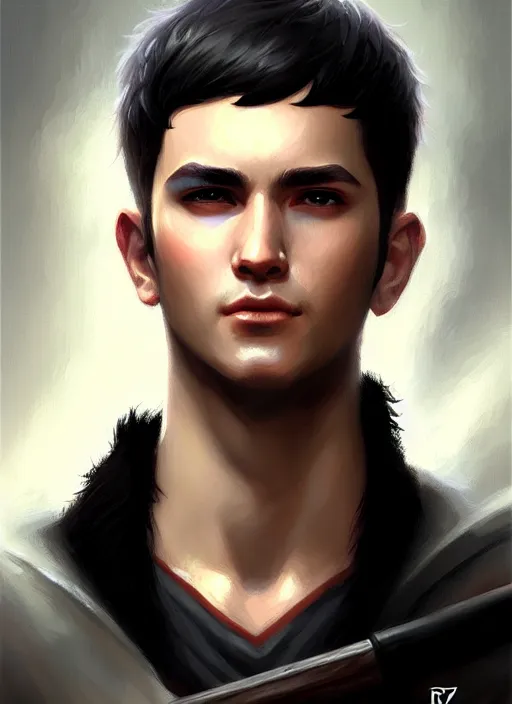 Prompt: a _ fantasy _ style _ portrait _ painting _ of young adult male, very short black fringe hair, round face, rpg dnd oil _ painting _ unreal _ 5 _ daz. _ rpg _ portrait _ extremely _ detailed _ artgerm _ greg _ rutkowski _ greg