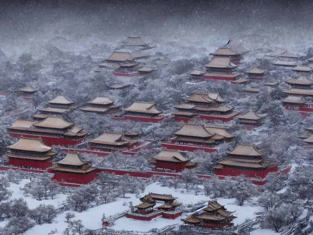 Prompt: the forbidden city on the snow mountain is on fire, highly detailed, blizzard, cinematic landscape ， on a snowy day, by xu beihong