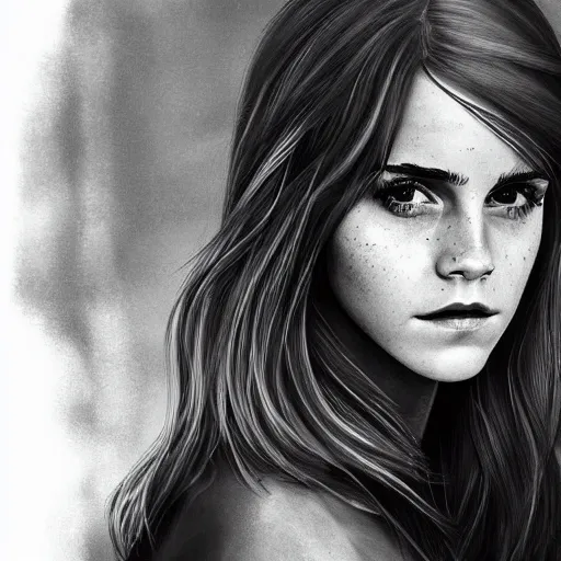 Prompt: portrait of emma watson staring intensely at the viewer, beautiful, long hair, eye contact, high detail, vivid colors, artstation