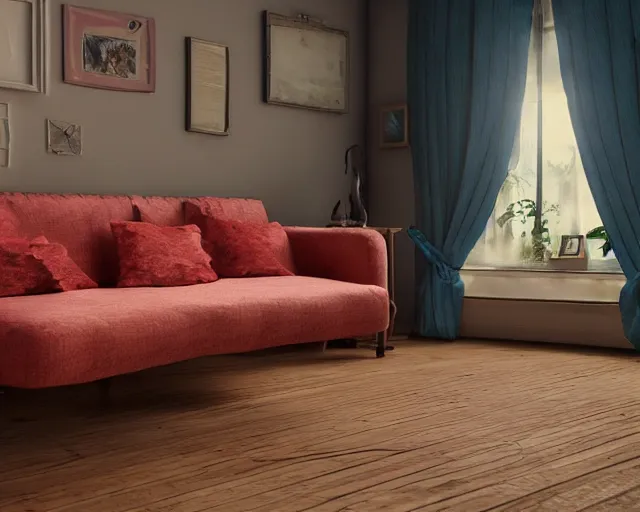 Image similar to of a very beautiful scene. ambient occlusion render. a sweet fat old woman is flying above the sofa. hyper realistic. 4 k. wide angle. wild. symmetrical face, red mouth, blue eyes. deep focus, lovely scene. ambient occlusion render. concept art. unreal engine.