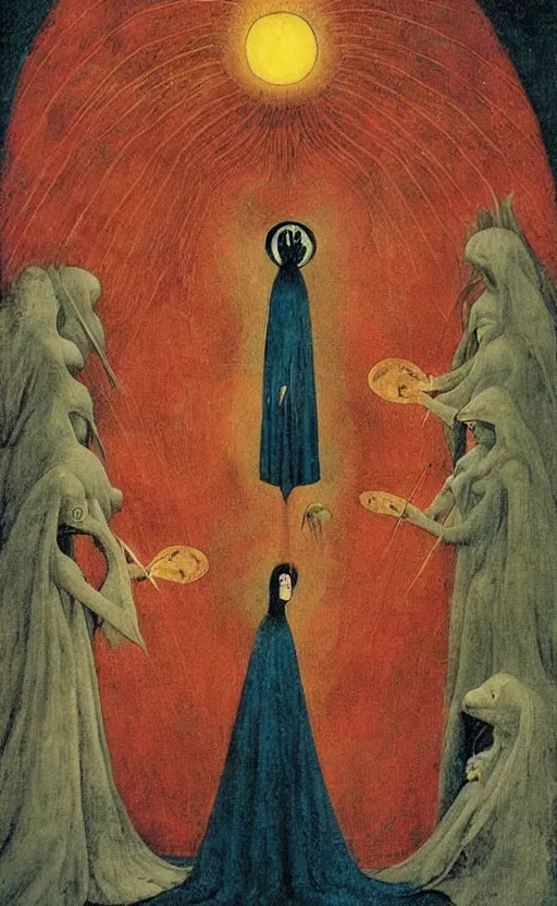 Image similar to omnipotent sorcerer, tarot card, beautiful frames, leonora carrington moebius hieronymus bosch max ernst dali zdzisaw beksinski roland topor henryk plociennik