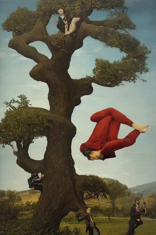 Prompt: beautiful clean oil painting of gentlemans falling from the giant tree by dino valls, detailed, stunning, realistic