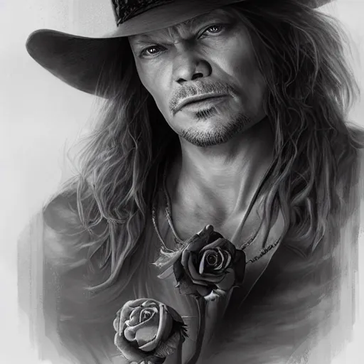 Image similar to axel rose portrait, intricate, highly detailed, digital painting, artstation, concept art, smooth, sharp focus, illustration, unreal engine 5, 8 k, art by artgerm and greg rutkowski and alphonse mucha