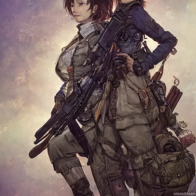 Image similar to the portrait of lawful neutral semi - colorful female infantry sniper as absurdly beautiful, gorgeous, elegant, young woman looking up, an ultrafine hyperdetailed illustration by kim jung gi, irakli nadar, intricate linework, bright colors, octopath traveler, final fantasy, unreal engine 5 highly rendered, global illumination, radiant light, detailed and intricate environment