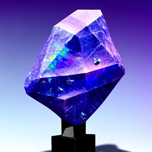 Prompt: a rare mineral rock, in a dark studio room, vaporwave theme. Tanzanite, Opal, Kunzite. in the style of artgerm.