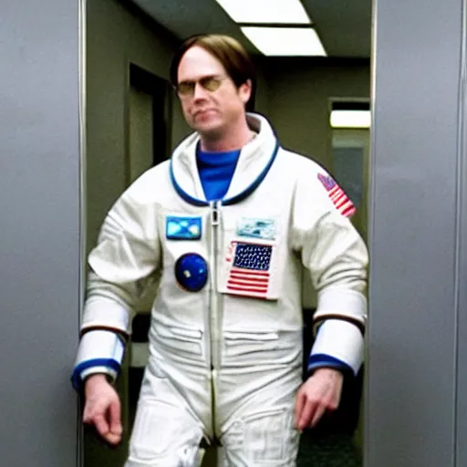 Image similar to Dwight from The Office wearing Astronaut Spacesuit