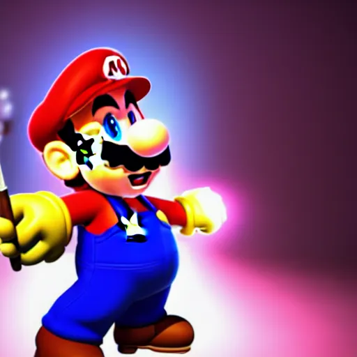 Image similar to super mario as a wizard holding a magical glowing staff, highly detailed, extremely high quality, hd, 4 k, 8 k, professional photographer, 4 0 mp, lifelike, top - rated, award winning, realistic, detailed lighting, detailed shadows, sharp, no blur, edited, corrected, trending