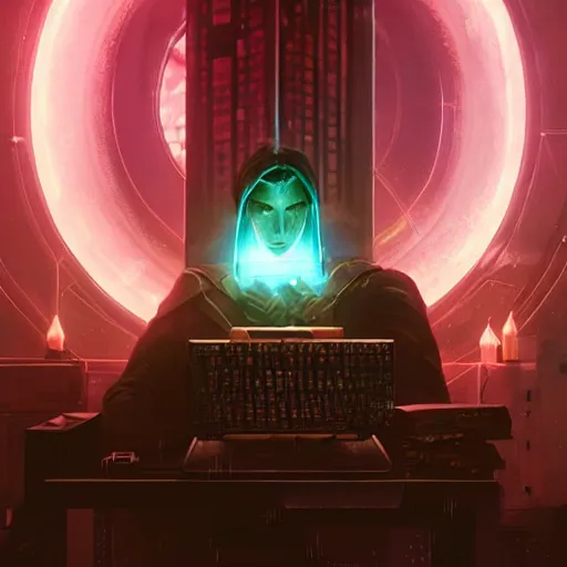 Image similar to sci fi cyberpunk fantasy art prompt magician studying casting spells with keyboard, by greg rutkowski ultrahd dark volumetric lighting hyper detailed unreal engine octane render