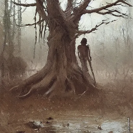 Image similar to painting by jakub rozalski of a muddy rooted humanoid creatures