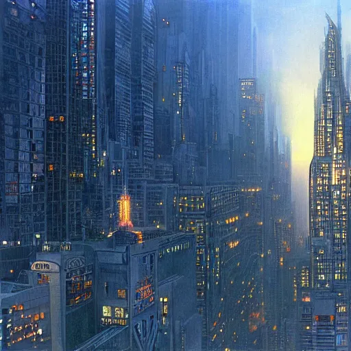 Prompt: A beautiful body art of a cityscape with soaring skyscrapers, advanced technology, and a mysterious, ethereal figure in the foreground. motion blur by Ted Nasmith riotous