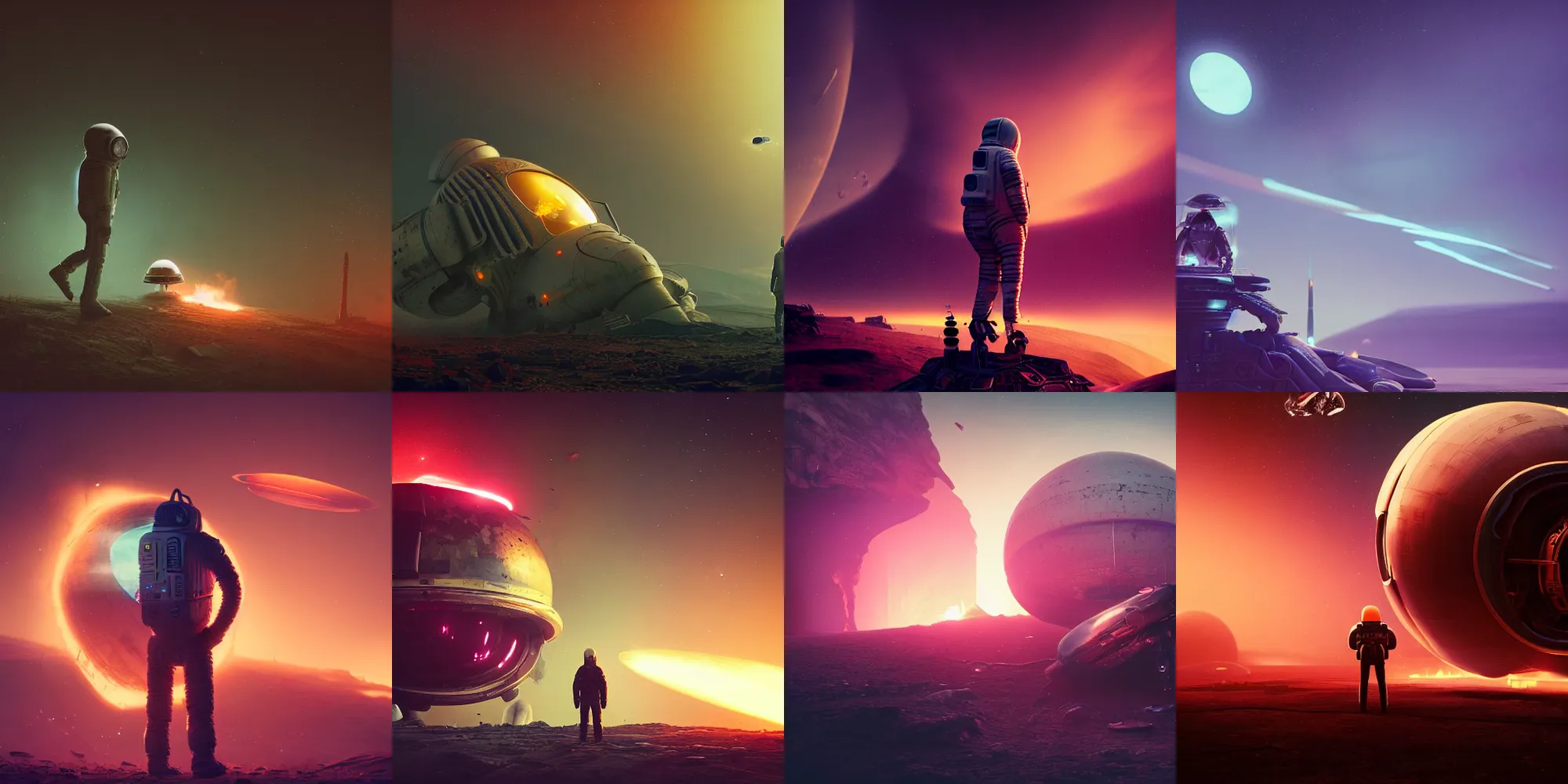 Prompt: crashed wrecked alien spaceship, smoke and fire, spaceman standing looking, beautiful dark landscape, in the style of beeple and mike winkelmann, intricate, epic lighting, cinematic composition, hyper realistic, 8 k resolution, unreal engine 5, raytracing, ultraviolet colors,