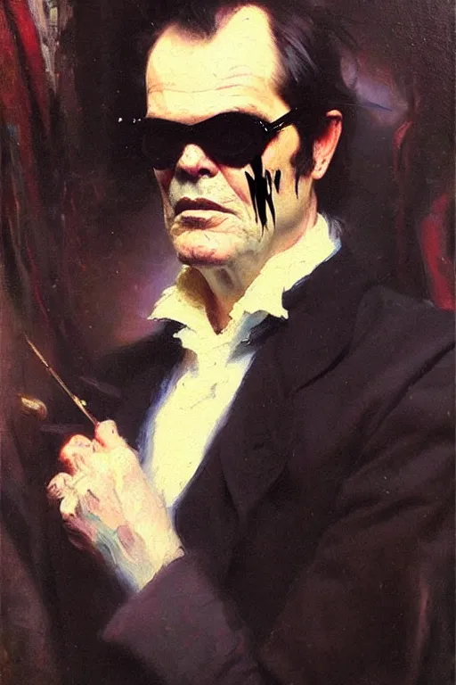 Image similar to impressionist brushstrokes!!!! beeple and richard schmid and jeremy lipking victorian loose genre loose painting full length portrait painting of a victorian male vampire ( ( jack nicholson ) )