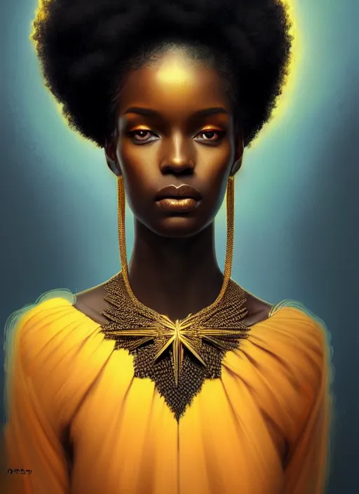 Image similar to portrait of young black woman with two stand twits, afro - futurist style, intricate, elegant gleaming jewelry, angelic halo, highly detailed, digital painting, artstation, concept art, smooth, sharp focus, illustration, art by wlop, mars ravelo and greg rutkowski