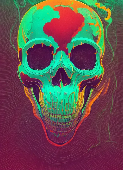 Prompt: beautiful illustration of a skull mask with glowing smoke coming out of the eyes, in the style victo ngai and sam guay and moebius, vibrant moody colors, trending on artstation