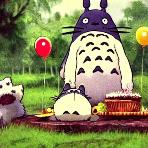 Prompt: wide shot film still of totoro at a birthday party, forest picnic, sunny, a dalmatian puppy, festive