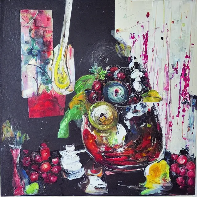 Prompt: “ a portrait in a female art student ’ s apartment, a berry and a big diamond, skyscraper, pork, art supplies, paint tubes, palette knife, pigs, ikebana, herbs, a candle dripping white wax, squashed berries, acrylic and spray paint and oilstick on canvas, surrealism, neoexpressionism ”