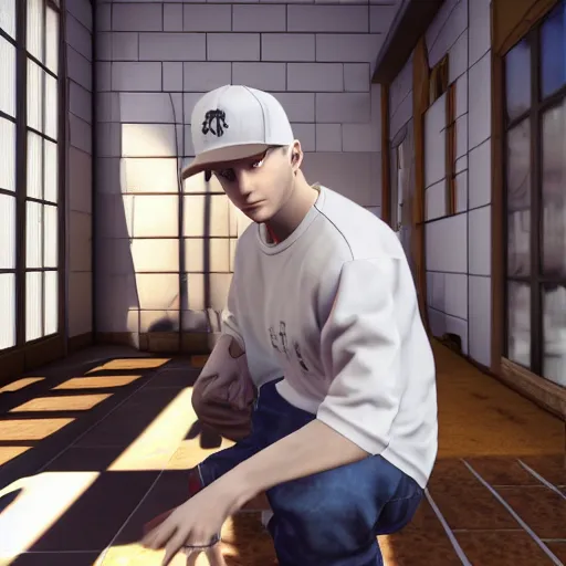 Image similar to Eminem Square Enix 2005 JRPG cinema 4d render, Ray tracing reflection, natural lighting, award winning photography