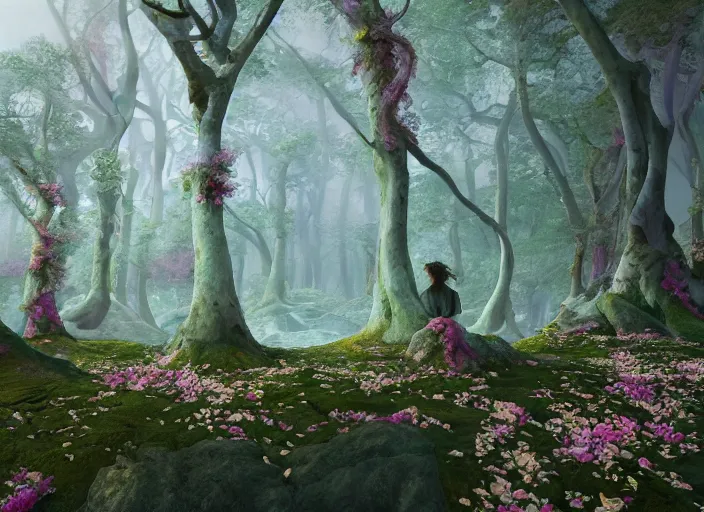 Image similar to idealistic marble statues with fractal flowery hair, seen from behind, in a magical forest, painted by, mc escher, gordon onslow ford, georgia o'keeffe and ivan aivazovsky, cinematic light, god rays, colourful, unreal engine, zbrush central,