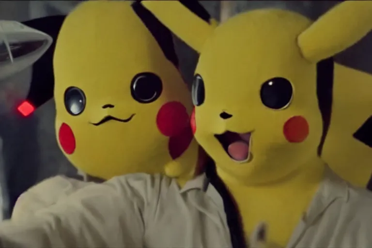 Image similar to Jack Nicholson plays Pikachu Terminator, scene where his inner exoskeleton is visible and his eye glows red, still from the film