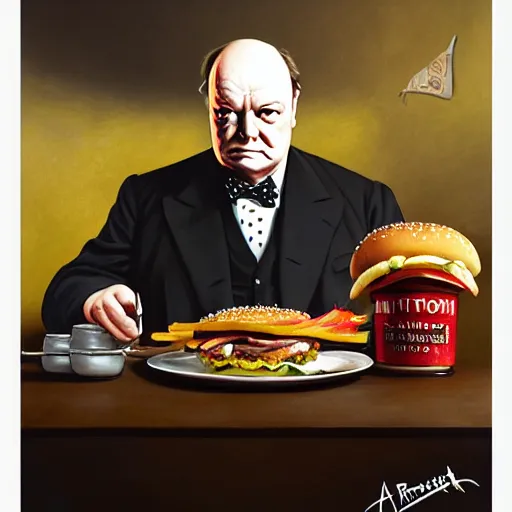 Image similar to portrait of winston churchill eating hamburgers, extra onions and ketchup, luscious patty with sesame seeds, feminine ethereal, handsome, d & d, fantasy, intricate, elegant, highly detailed, digital painting, artstation, concept art, matte, sharp focus, illustration, art by artgerm and greg rutkowski and alphonse mucha