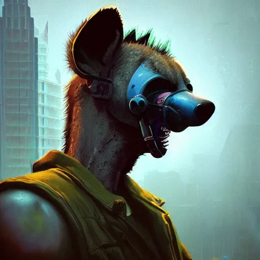 Image similar to new york city portrait of furry anthro anthropomorphic spotted hyena head animal person fursona wearing clothes strange cybernetic muzzle gloomy rainy screenshot from the video game cyberpunk 2077 digital art by Greg Rutkowski, Simon Stalenhag, christopher nolan trending on Artstation, CGSociety