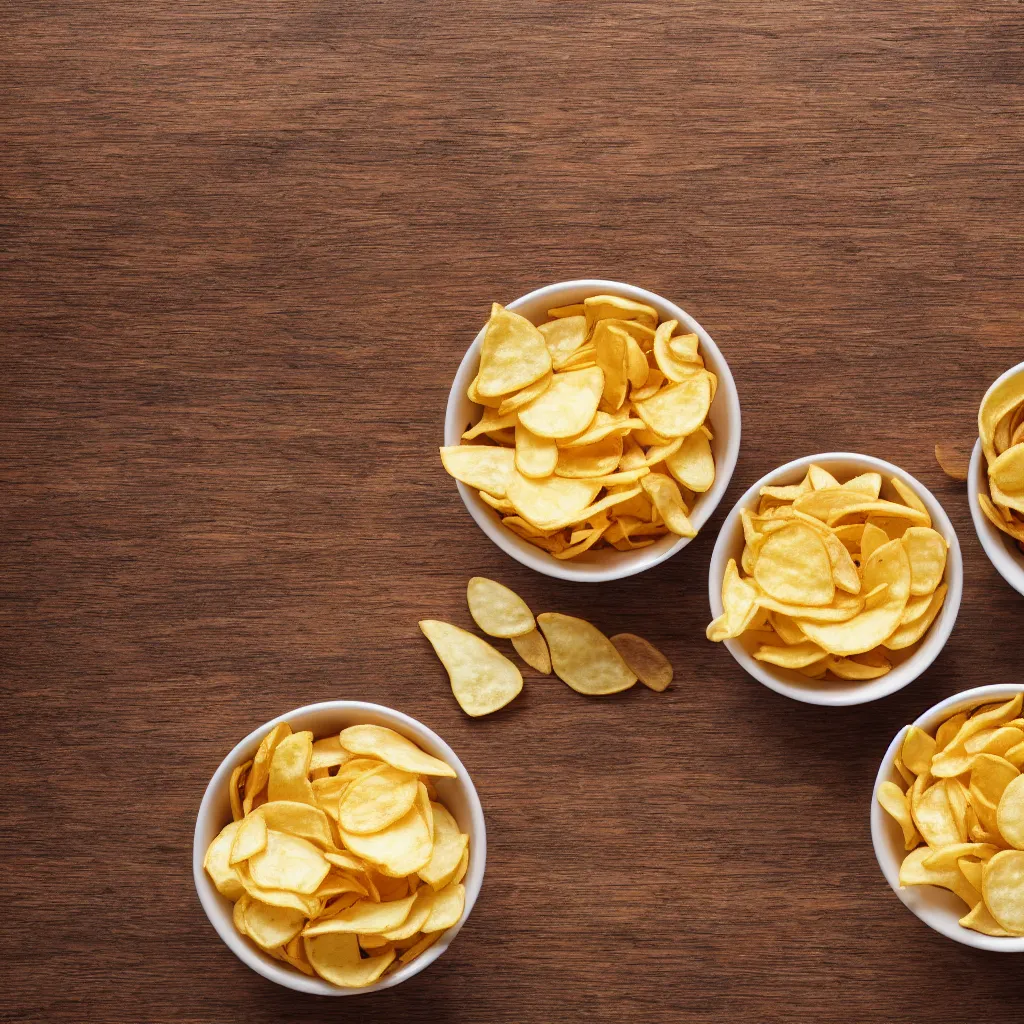 Prompt: top down view with bowl of chips on top of a wooden table, wallpaper, 4k, photorealistic