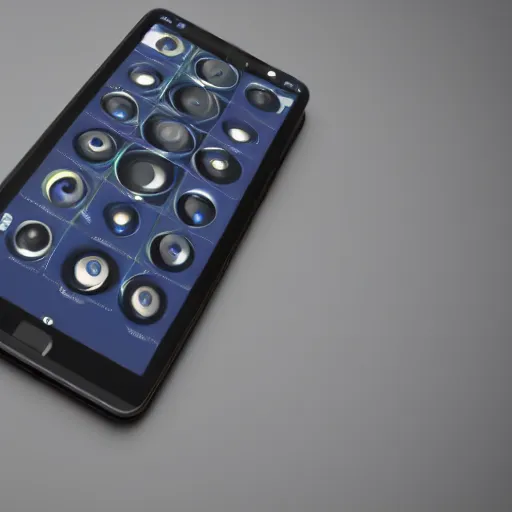 Prompt: a smartphone with 7 8 cameras, concept 3 d render