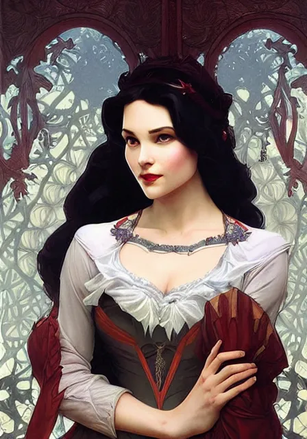 Image similar to snow white and evil queen, intricate, elegant, highly detailed, digital painting, artstation, concept art, smooth, sharp focus, illustration, art by artgerm and greg rutkowski and alphonse mucha and william - adolphe bouguereau