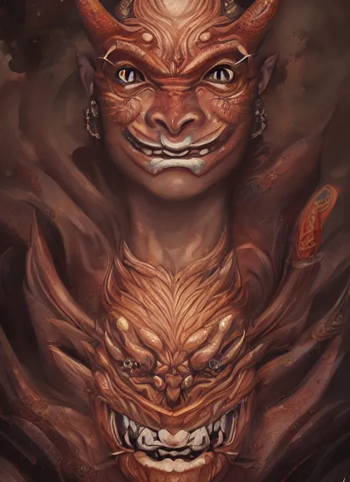 Image similar to a beautiful detailed oil on copper art illustration of a oni hannya mask shogun dragon woman, centered, by charlie bowater, zeng fanzh, trending on artstation, dim dusk lighting, cinematic lighting, detailed lighting, volumetric lighting, realistic, f 8, 4 k hd wallpaper