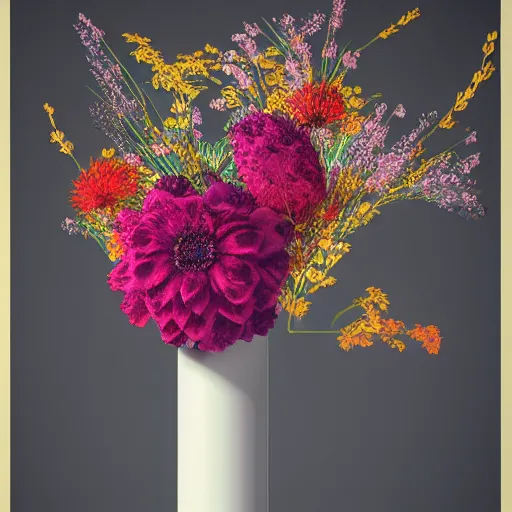 Image similar to beautiful amazing art of intricate flowers arrangement in vase, modern color, by art by alesso baldovinetti, trending on artstation, featured on behance, octane render, vector art, f 4, ultrawide, golden ratio, well composed, cohesive